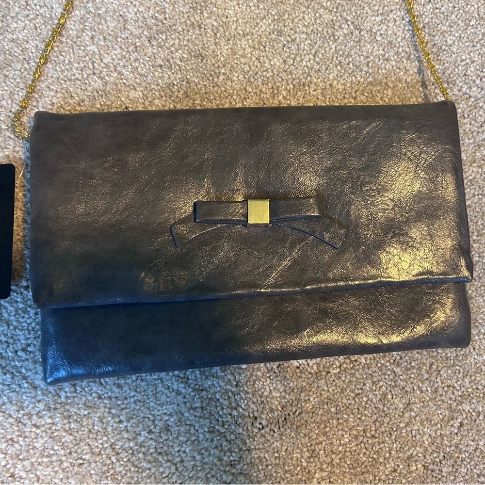 Metallic Gray Clutch with Gold Bow Accent